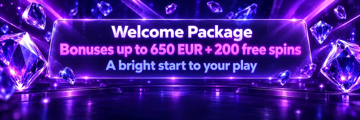 Welcome package banner with a luminous interface panel framed by floating purple faceted gems.